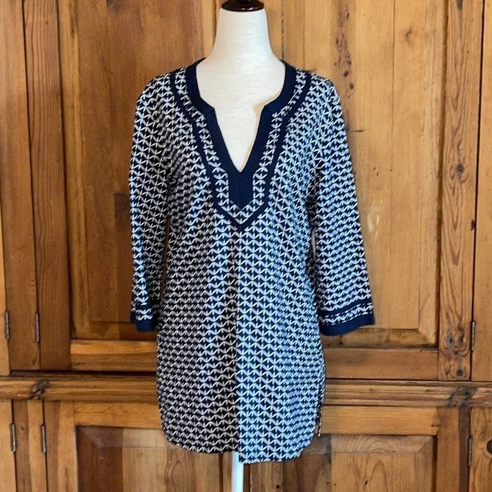 J. Crew Blue & White Cotton V Neck Tunic Sz. Small - Picture 2 of 9